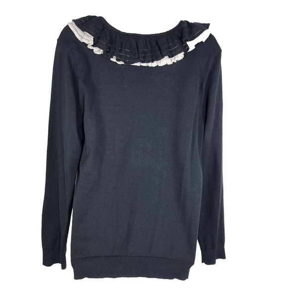 Chaps Women's Sweater Black Long Sleeve Ruffle Tiered V Neckline Knit Medium NWT - Picture 2 of 9